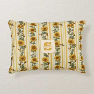 Sunflowers and Butterflies on Yellow Stripes Decorative Cushion