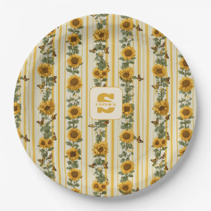 Sunflowers and Butterflies on Yellow Stripes Paper Plate