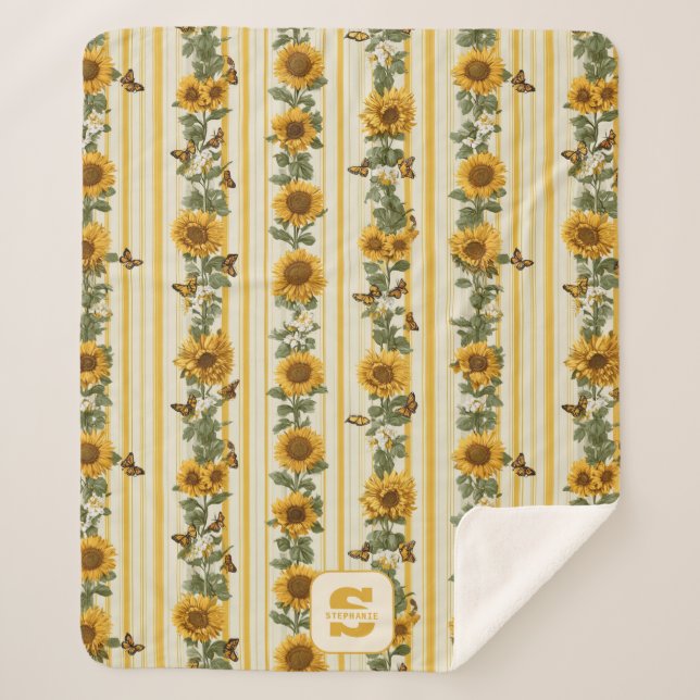 Sunflowers and Butterflies on Yellow Stripes Sherpa Blanket (Front)