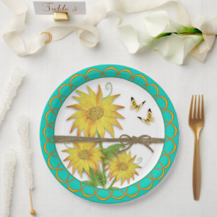 Sunflowers and Butterflies Scalloped Border Paper Plate