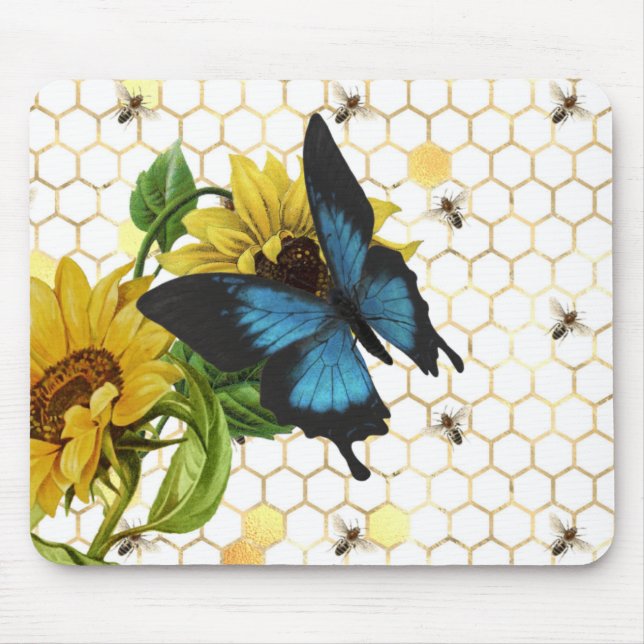 Sunflowers and Butterfly on Honeycomb Mouse Pad (Front)