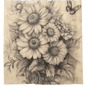 Sunflowers and Butterfly - Rustic Aged Paper Shower Curtain