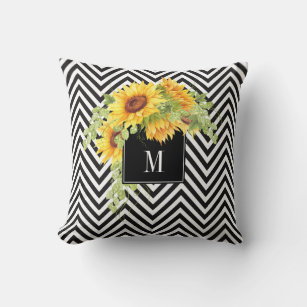 Sunflowers and Chevron Stripes with Your Monogram Cushion