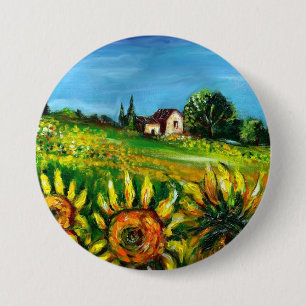SUNFLOWERS AND COUNTRYSIDE IN TUSCANY 7.5 CM ROUND BADGE