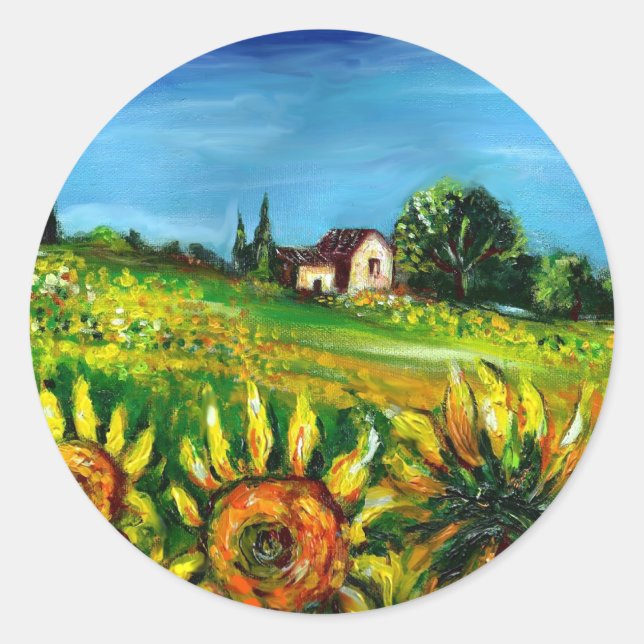SUNFLOWERS AND COUNTRYSIDE IN TUSCANY CLASSIC ROUND STICKER (Front)