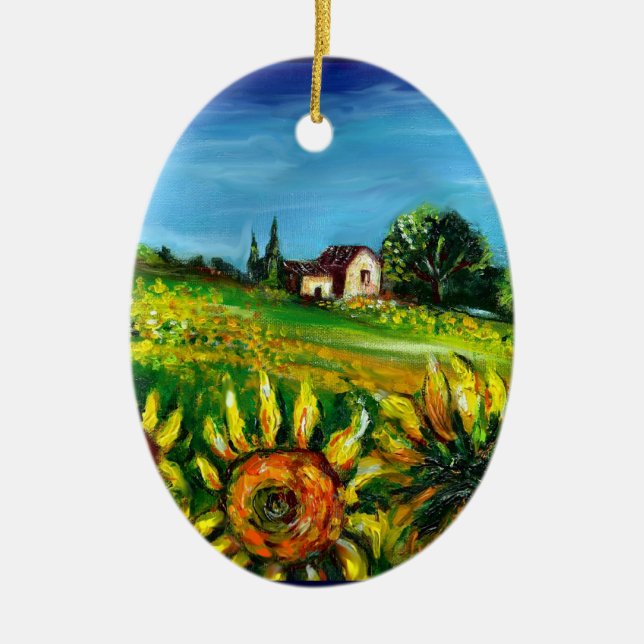 SUNFLOWERS AND COUNTRYSIDE IN TUSCANY Heart Ceramic Tree Decoration (Front)