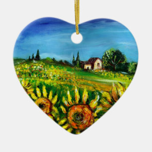 SUNFLOWERS AND COUNTRYSIDE IN TUSCANY Heart Ceramic Tree Decoration