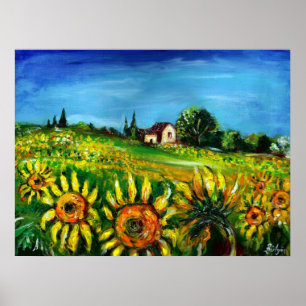 SUNFLOWERS AND COUNTRYSIDE IN TUSCANY POSTER