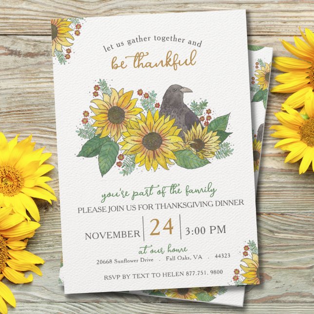 Sunflowers and Crow Thankful Thanksgiving Dinner  Invitation (Creator Uploaded)