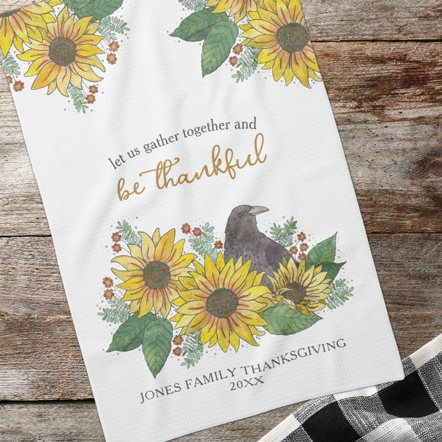 Sunflowers and Crow Thankful Thanksgiving Family Tea Towel (Creator Uploaded)
