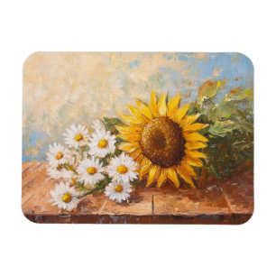 Sunflowers and Daisies on Rustic Table Magnet