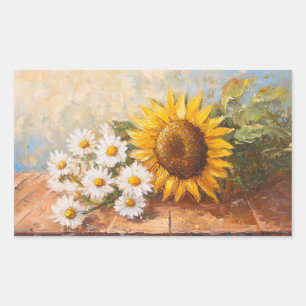 Sunflowers and Daisies on Rustic Table Rectangular Sticker