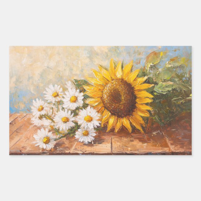 Sunflowers and Daisies on Rustic Table Rectangular Sticker (Front)