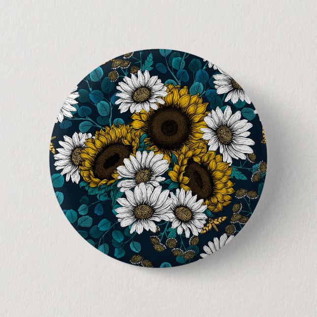 Sunflowers and daisies, summer garden 2 6 cm round badge (Front)