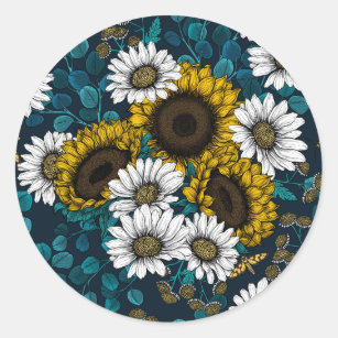 Sunflowers and daisies, summer garden 2 classic round sticker