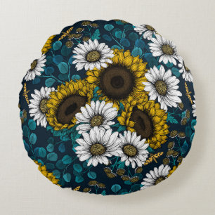 Sunflowers and daisies, summer garden 2 round cushion
