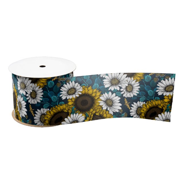 Sunflowers and daisies, summer garden 2 satin ribbon (Spool)