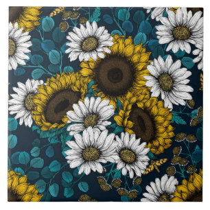 Sunflowers and daisies, summer garden 2 tile