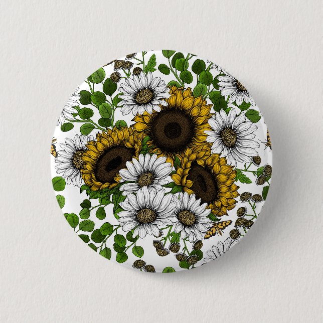 Sunflowers and daisies, summer garden 3 6 cm round badge (Front)
