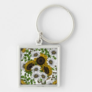 Sunflowers and daisies, summer garden 3 key ring