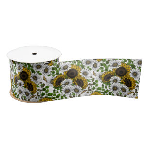 Sunflowers and daisies, summer garden 3 satin ribbon
