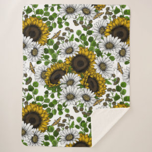 Sunflowers and daisies, summer garden 3 sherpa blanket