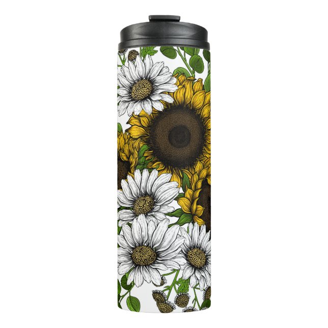 Sunflowers and daisies, summer garden 3 thermal tumbler (Front)