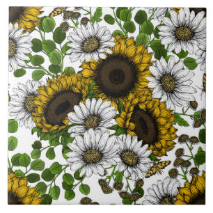 Sunflowers and daisies, summer garden 3 tile