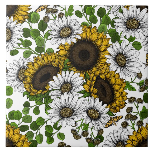 Sunflowers and daisies, summer garden 3 tile (Front)