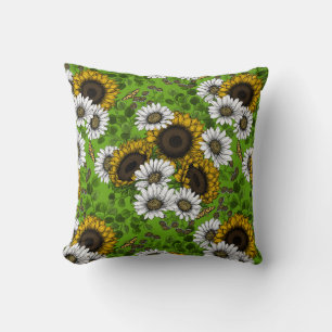 Sunflowers and daisies, summer garden cushion