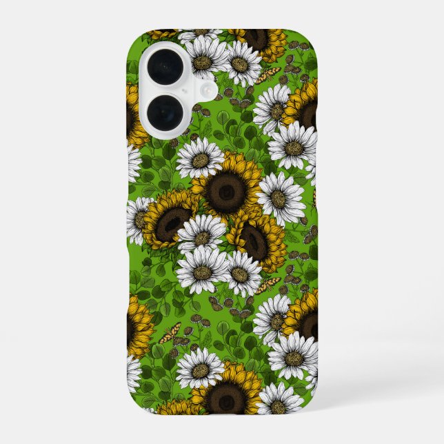 Sunflowers and daisies, summer garden iPhone 16 case (Back)