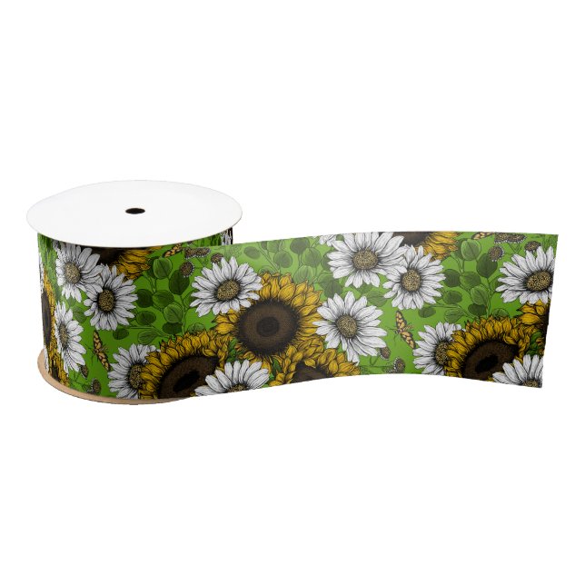 Sunflowers and daisies, summer garden satin ribbon (Spool)
