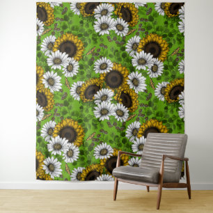 Sunflowers and daisies, summer garden tapestry