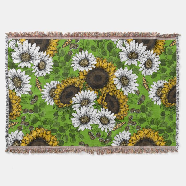 Sunflowers and daisies, summer garden throw blanket (Front)