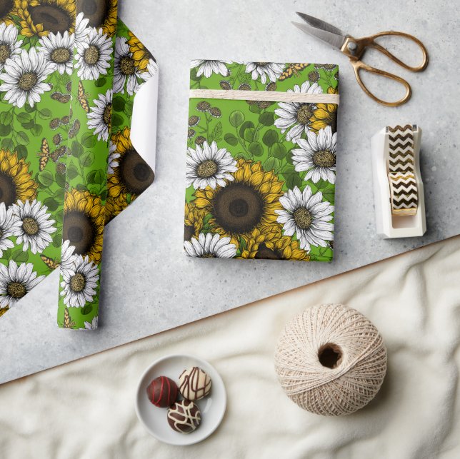 Sunflowers and daisies, summer garden wrapping paper (Crafts)
