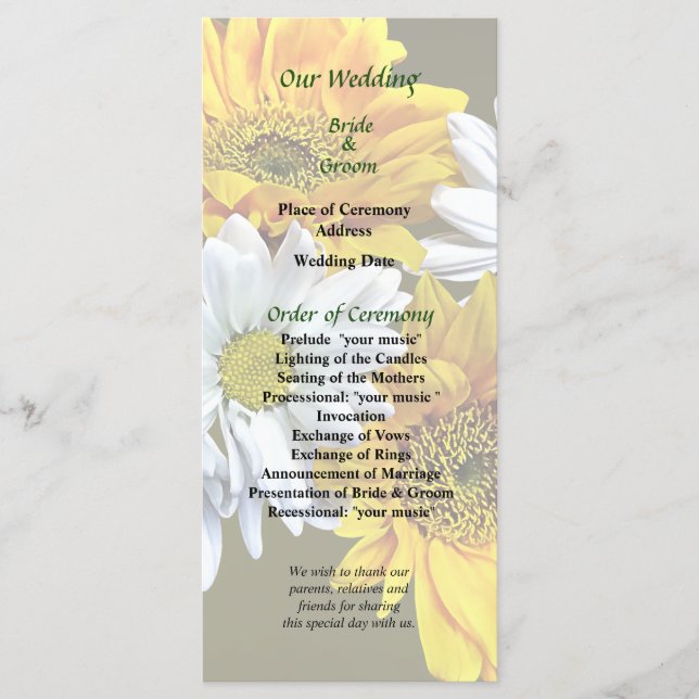 Sunflowers and Daisies Wedding Program Programme (Front)