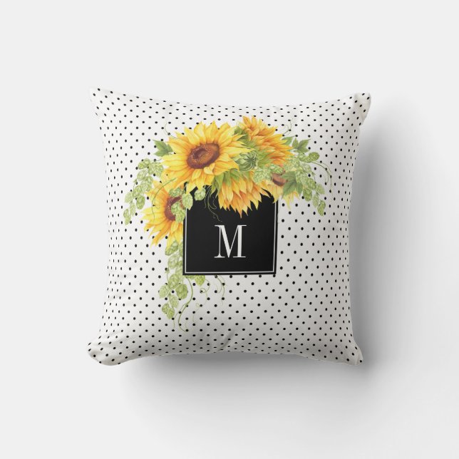 Sunflowers and Dotted Pattern with Your Monogram Cushion (Front)