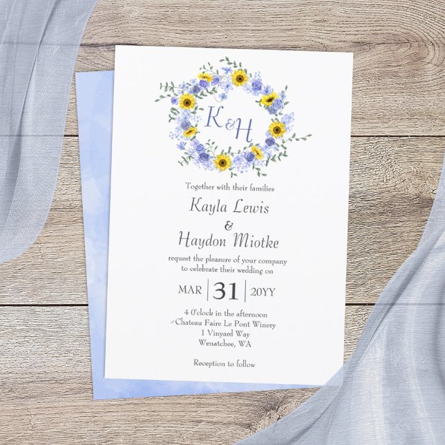 Sunflowers and Dusty Blue Roses Wedding Wreath Invitation (dusty blue roses and yellow sunflowers wedding invitations, round floral wreath)
