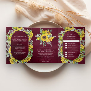 Sunflowers and Eucalyptus 3 in 1 Burgundy Wedding Tri-Fold Invitation