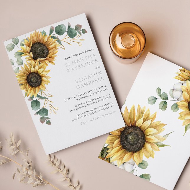 Sunflowers and Eucalyptus Rustic Wedding Silver (Sunflower Eucalyptus Wedding Floral Silver Foil Invitation)