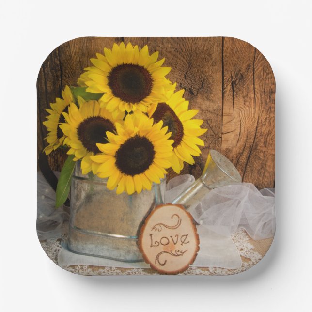 Sunflowers and Garden Watering Can Barn Wedding Paper Plate (Front)