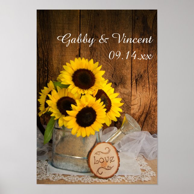 Sunflowers and Garden Watering Can Barn Wedding Poster (Front)