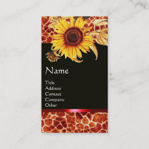 SUNFLOWERS AND GIRAFFE SKIN RED GEMSTONE MONOGRAM BUSINESS CARD