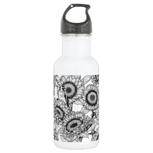Sunflowers and goldfinches in black and white 532 ml water bottle