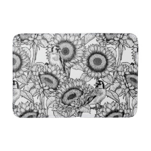 Sunflowers and goldfinches in black and white bath mat