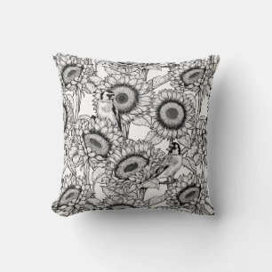 Sunflowers and goldfinches in black and white cushion