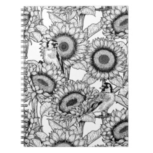 Sunflowers and goldfinches in black and white notebook