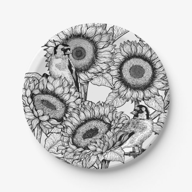 Sunflowers and goldfinches in black and white paper plate (Front)
