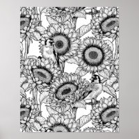 Sunflowers and goldfinches in black and white