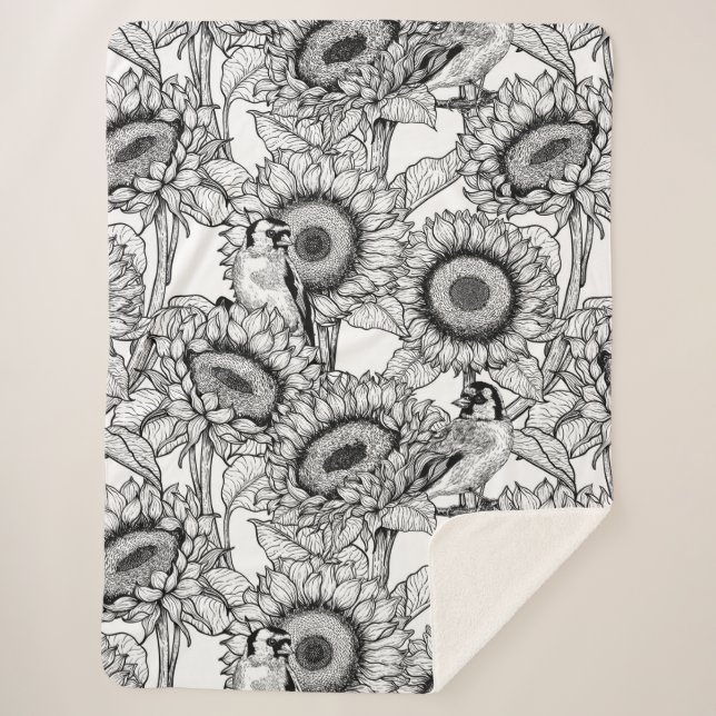 Sunflowers and goldfinches in black and white sherpa blanket (Front)